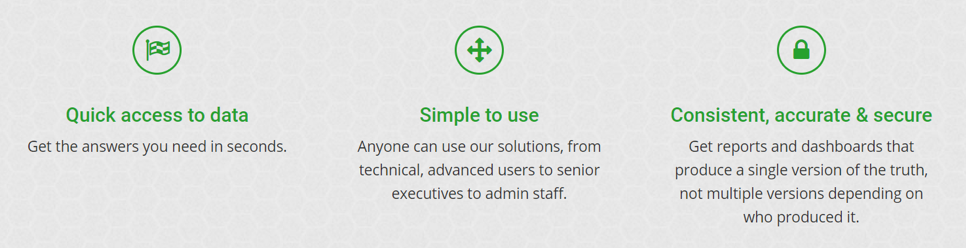 Quick access to data. Get the answers you need in seconds. Simple to use. Anyone can use our solutions from technical, advanced users to senior executives to admin staff. Consistent, accurate & secure. Get reports and dashboards that produce a single version of the truth, not multiple versions depending on who produced it.